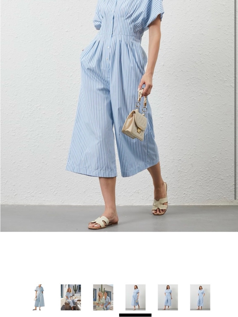 Striped Light Blue Cropped Jumpsuit with Elastic Waist